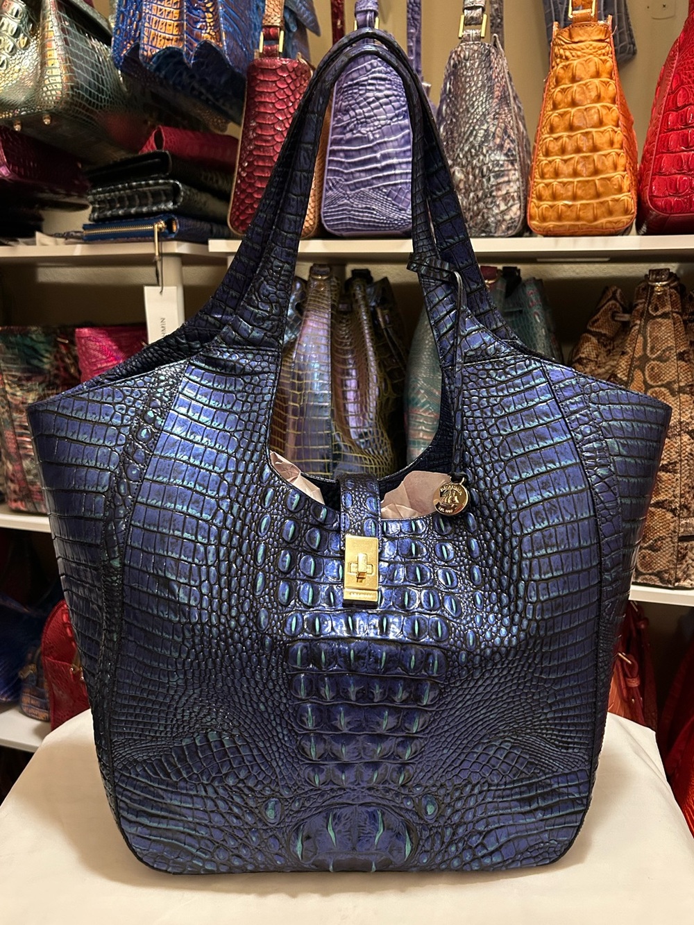 RARE! Brahmin “Mirage Carla” Croc-Embossed Tote with Gold Hardware